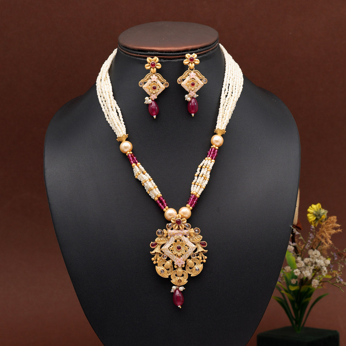 Green Color Meena Work Temple Necklace Set (TPLN621GRN) Jewelry GlitStudio   
