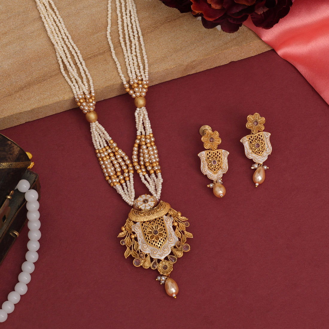 Gold Color Meena Work Temple Necklace Set (TPLN622GLD)