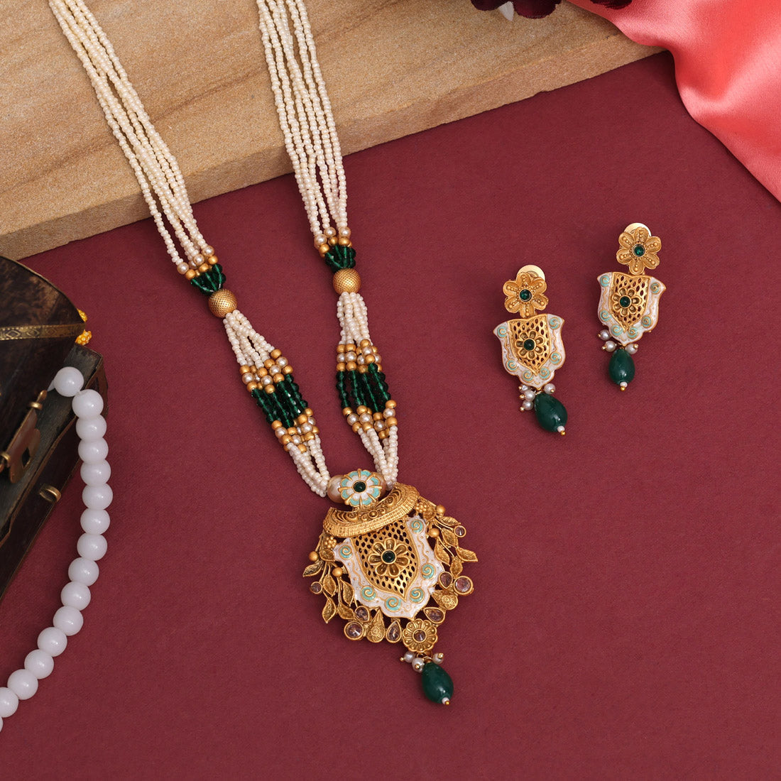 Rani Color Meena Work Temple Necklace Set (TPLN622RNI) Jewelry GlitStudio   