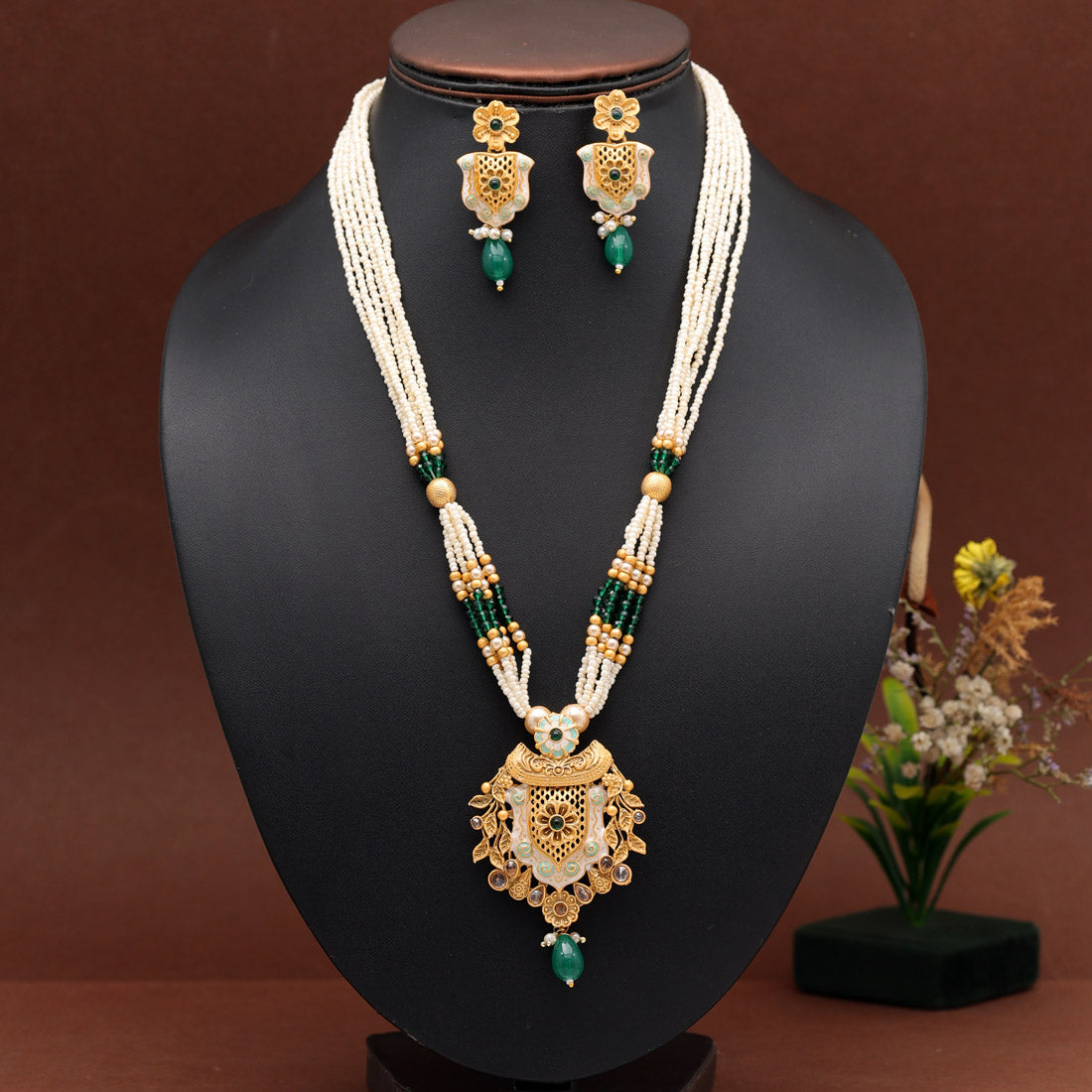 Rani Color Meena Work Temple Necklace Set (TPLN622RNI) Necklaces GetGlit   