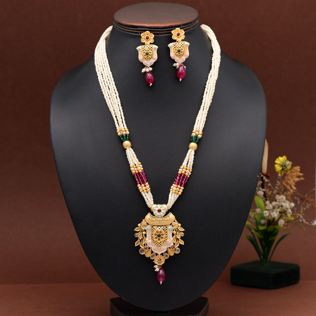 Rani & Green Color Meena Work Temple Necklace Set (TPLN622RNIGRN) Necklaces GetGlit   