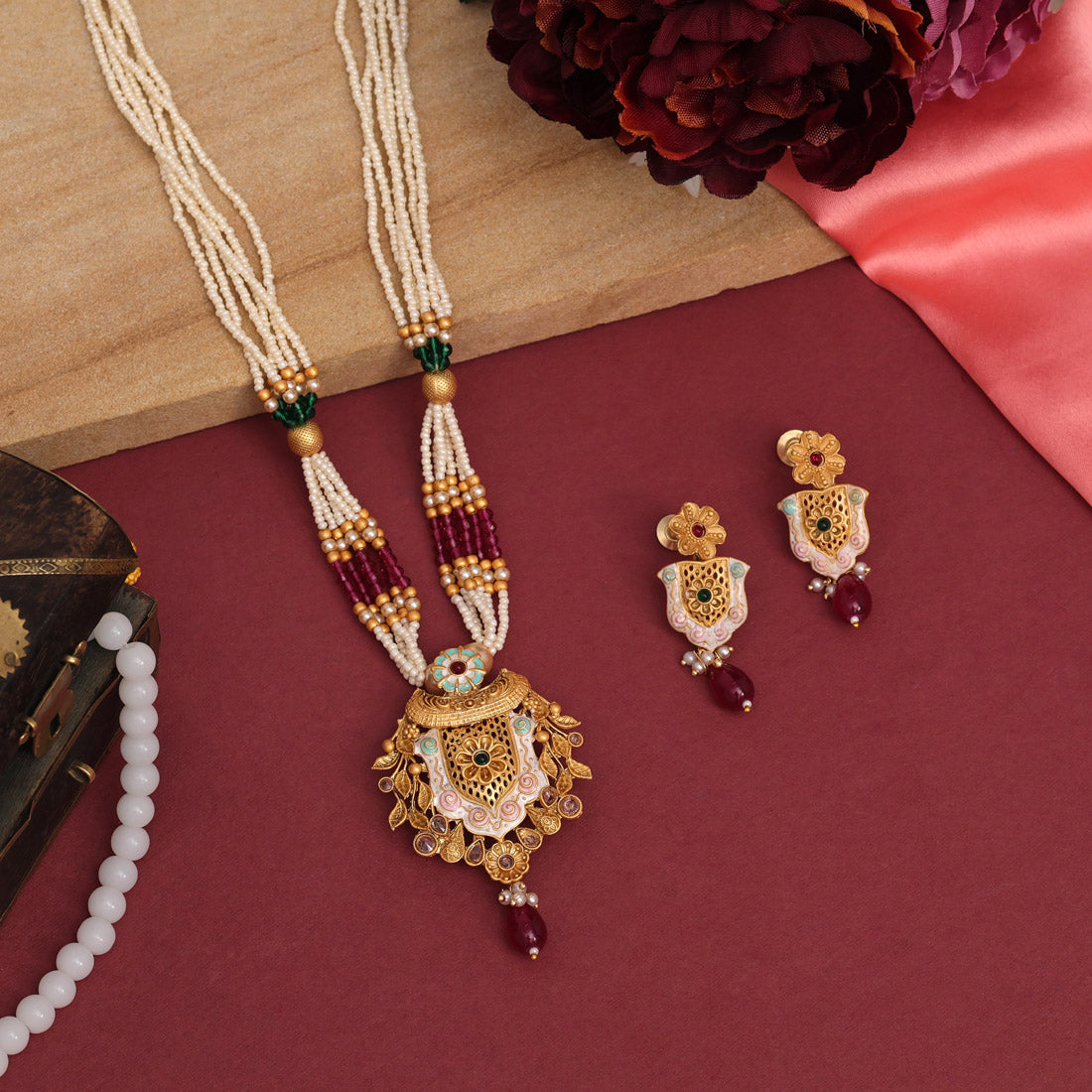Gold Color Meena Work Temple Necklace Set (TPLN622GLD)