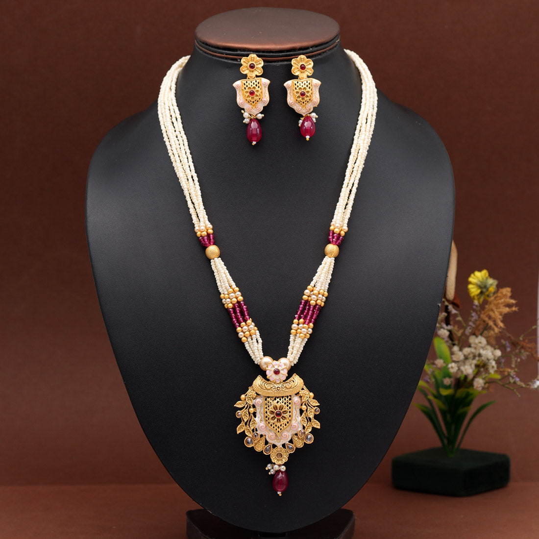 Rani Color Meena Work Rajwadi Temple Necklace Set (TPLN622RNI)