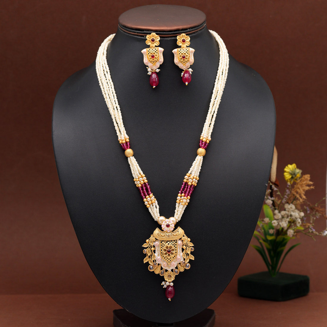 Rani & Green Color Meena Work Temple Necklace Set (TPLN621RNIGRN) Jewelry GlitStudio   
