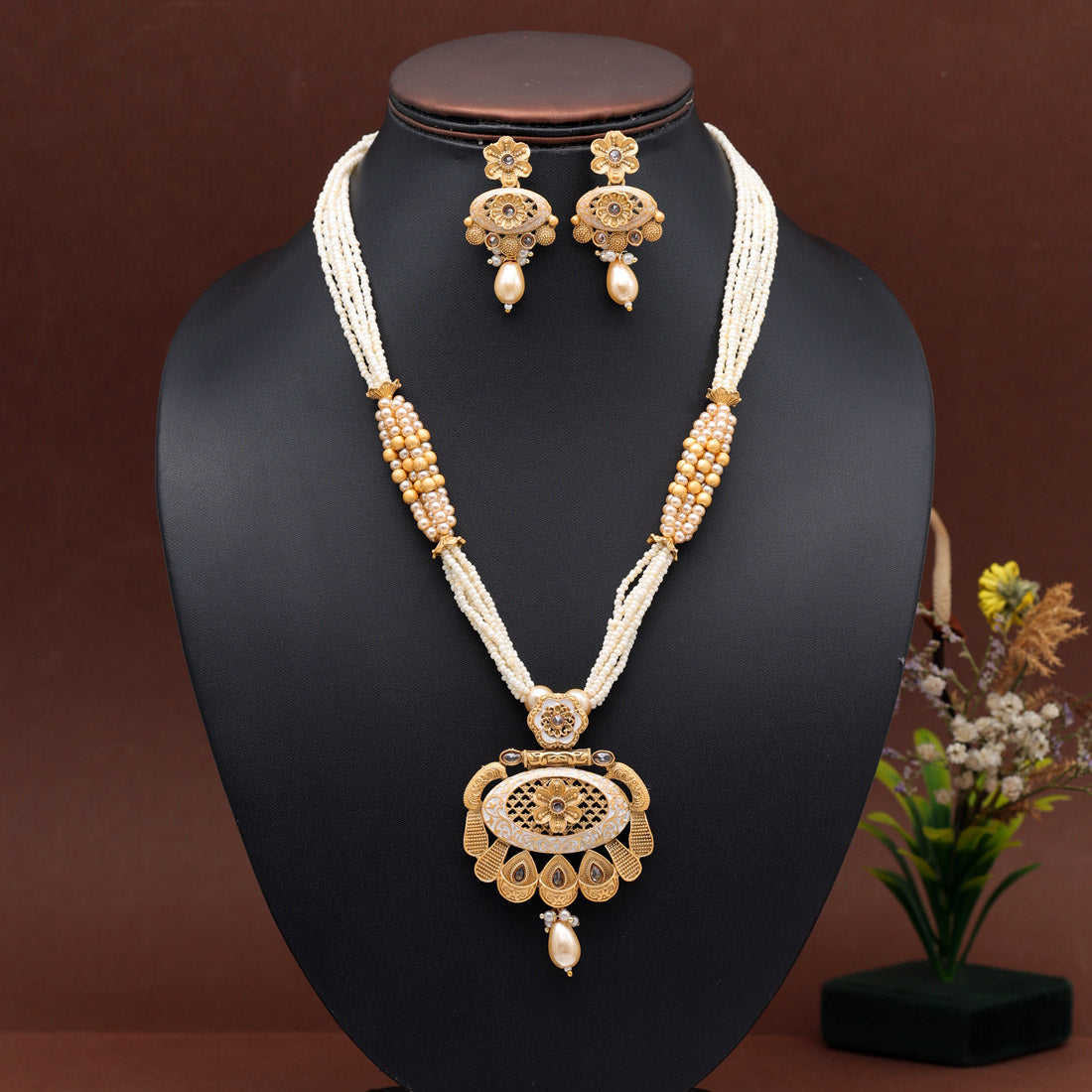 Gold Color Meena Work Temple Necklace Set (TPLN623GLD)