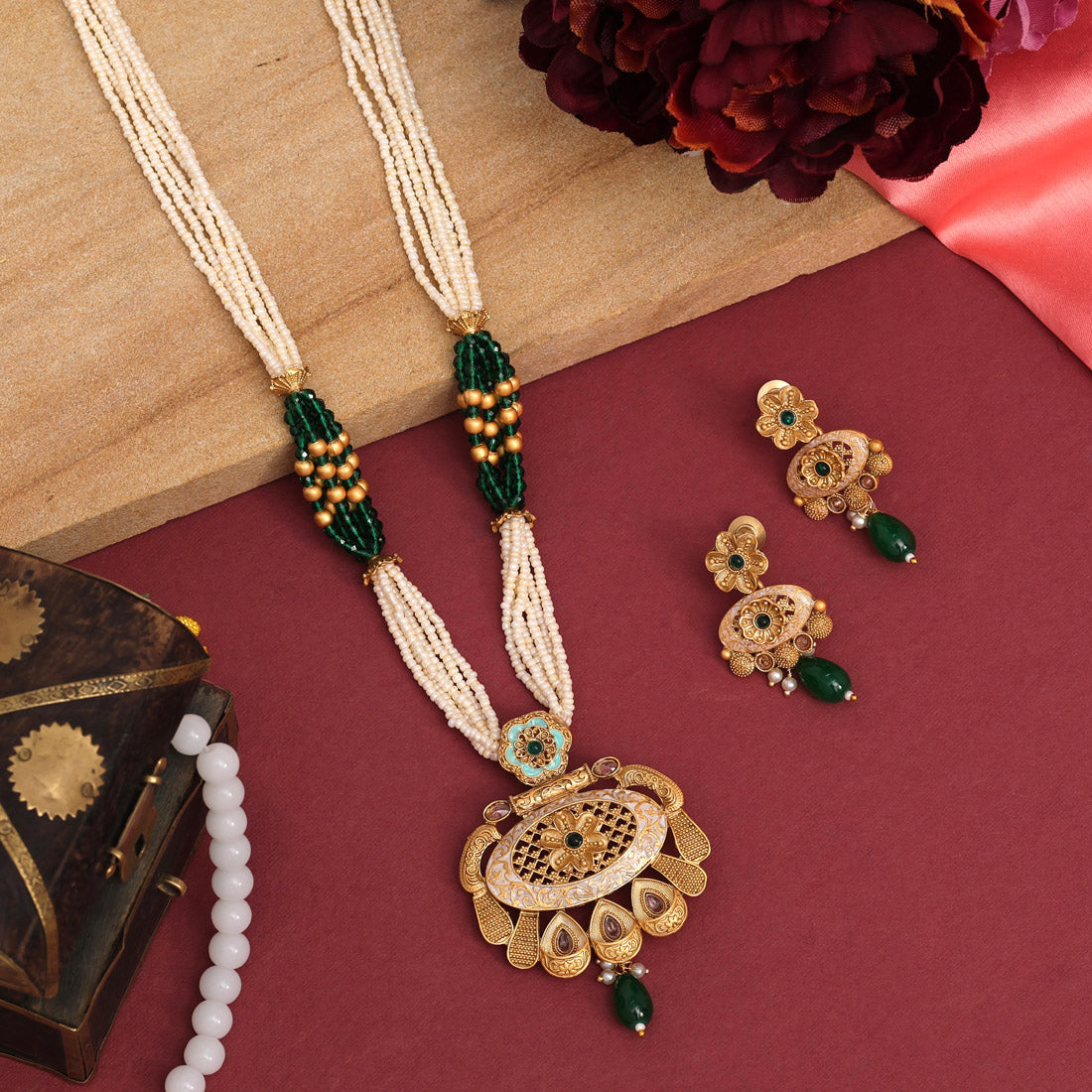 Green Color Meena Work Temple Necklace Set (TPLN623GRN) Jewelry GlitStudio   