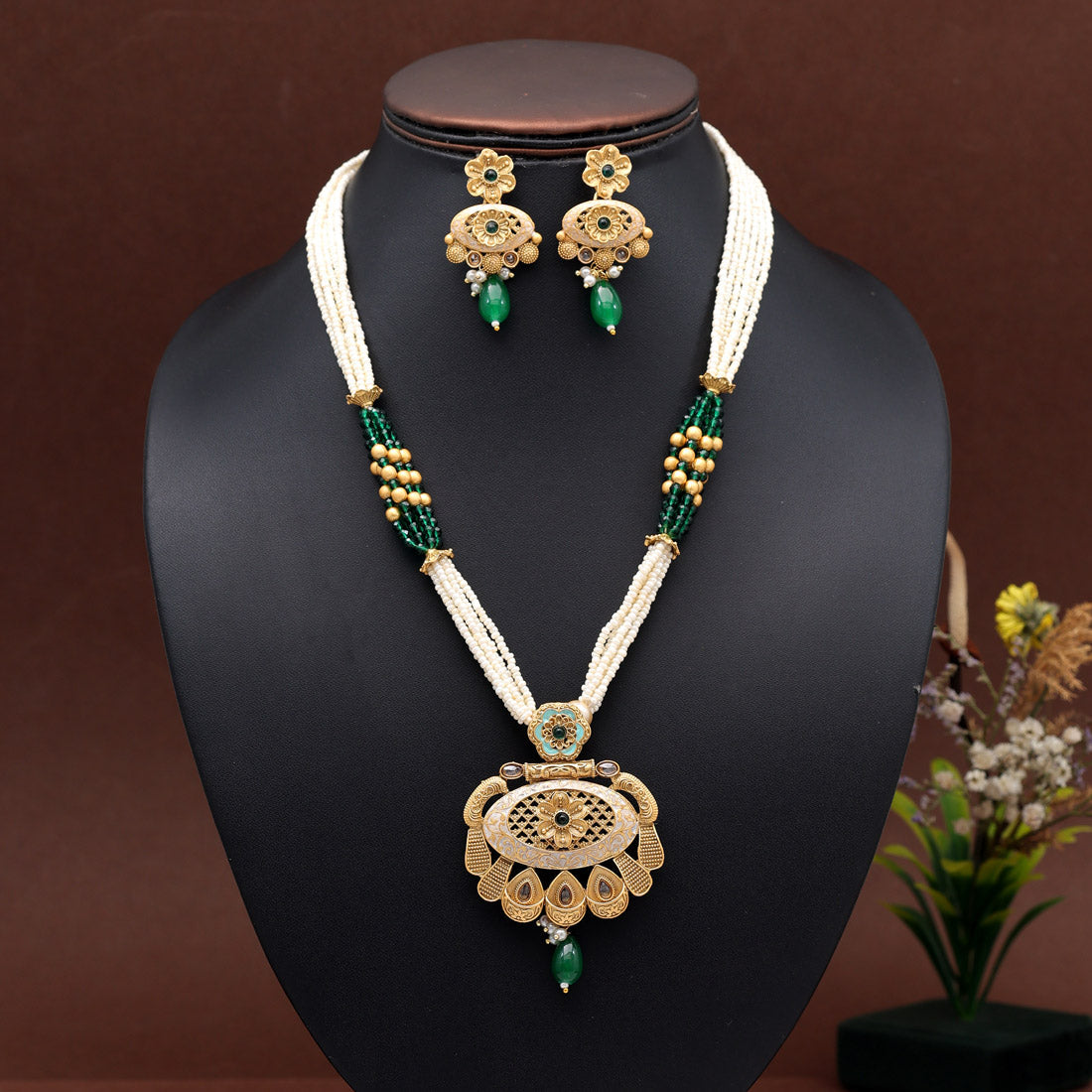 Green Color Meena Work Temple Necklace Set (TPLN623GRN) Necklaces GetGlit   