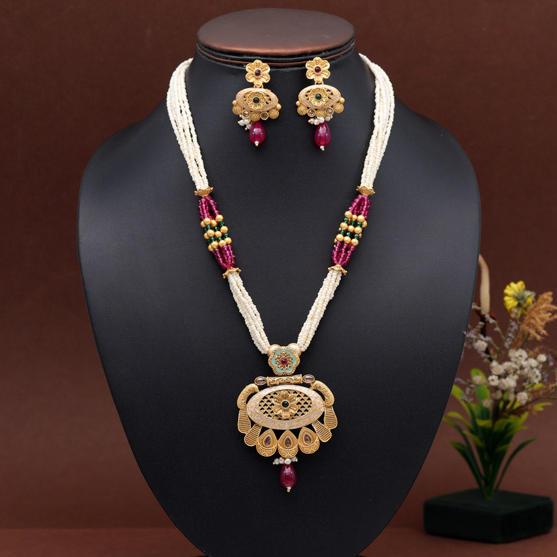 Rani Color Meena Work Rajwadi Temple Necklace Set (TPLN622RNI) Jewellery GetGlit   