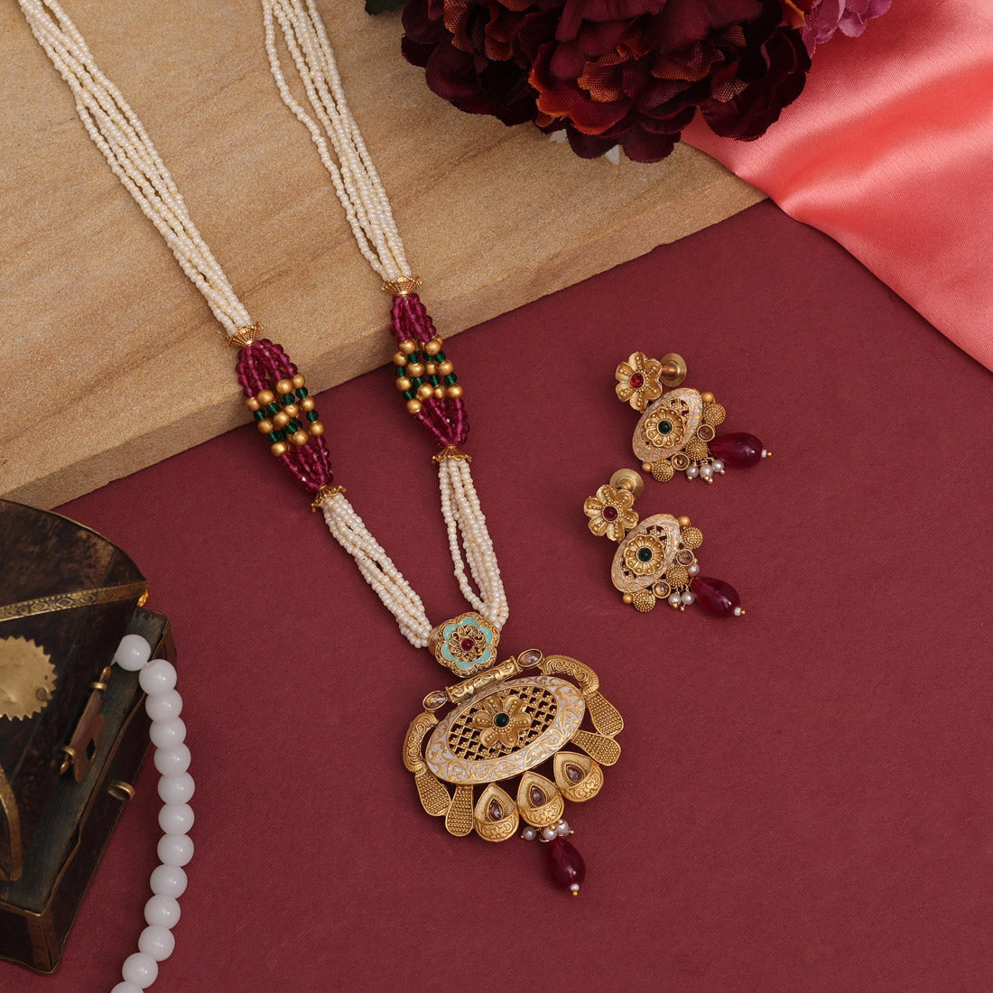Gold Color Meena Work Temple Necklace Set (TPLN623GLD) Jewelry GlitStudio   