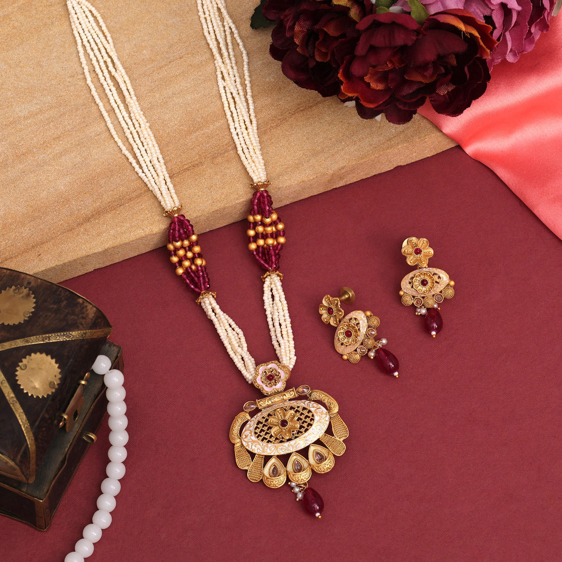 Rani Color Meena Work Temple Necklace Set (TPLN623RNI) Jewelry GlitStudio   
