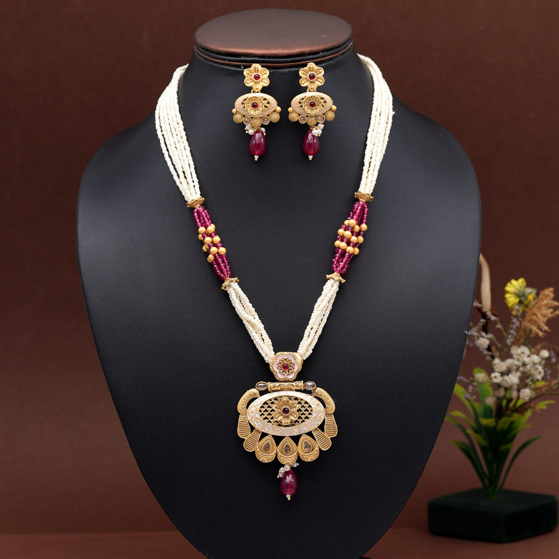 Rani Color Meena Work Temple Necklace Set (TPLN623RNI) Necklaces GetGlit   