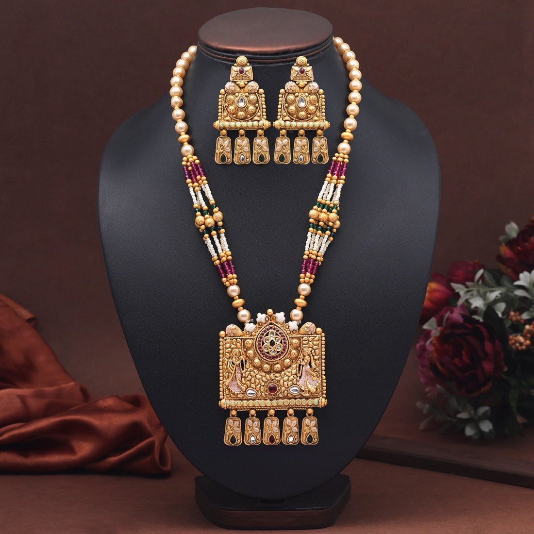 Multi Color Meena Work Rajwadi Matte Gold Necklace Set (TPLN645MLT)