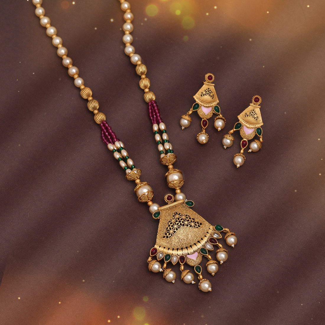 Rani & Green Color Rajwadi Matte Gold Necklace Set (TPLN652RNIGRN) Jewellery GetGlit   