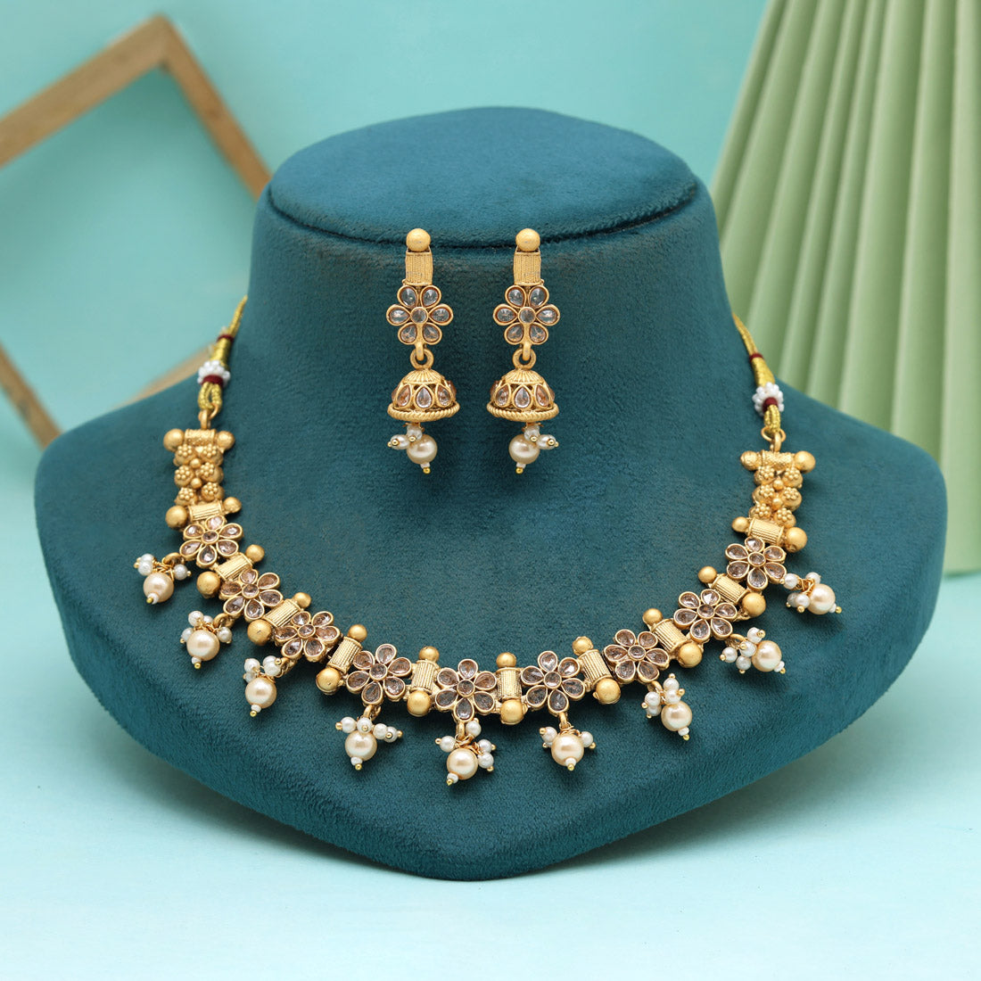 Gold Color Matte Gold Rajwadi Temple Necklace Set (TPLN661GLD)