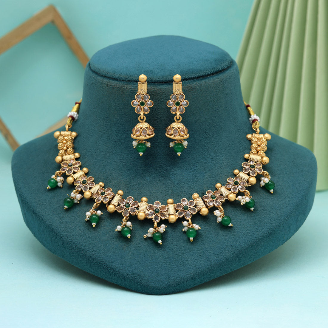 Green Color Matte Gold Rajwadi Temple Necklace Set (TPLN661GRN) Jewellery GetGlit