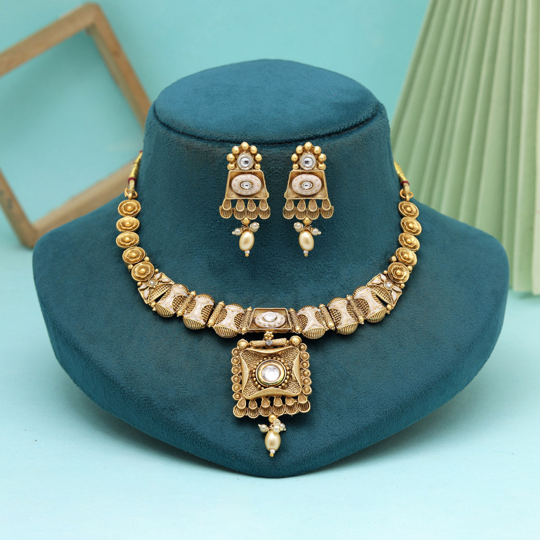 Gold Color Meena Work Matte Gold Rajwadi Temple Necklace Set (TPLN662GLD) Jewellery GetGlit