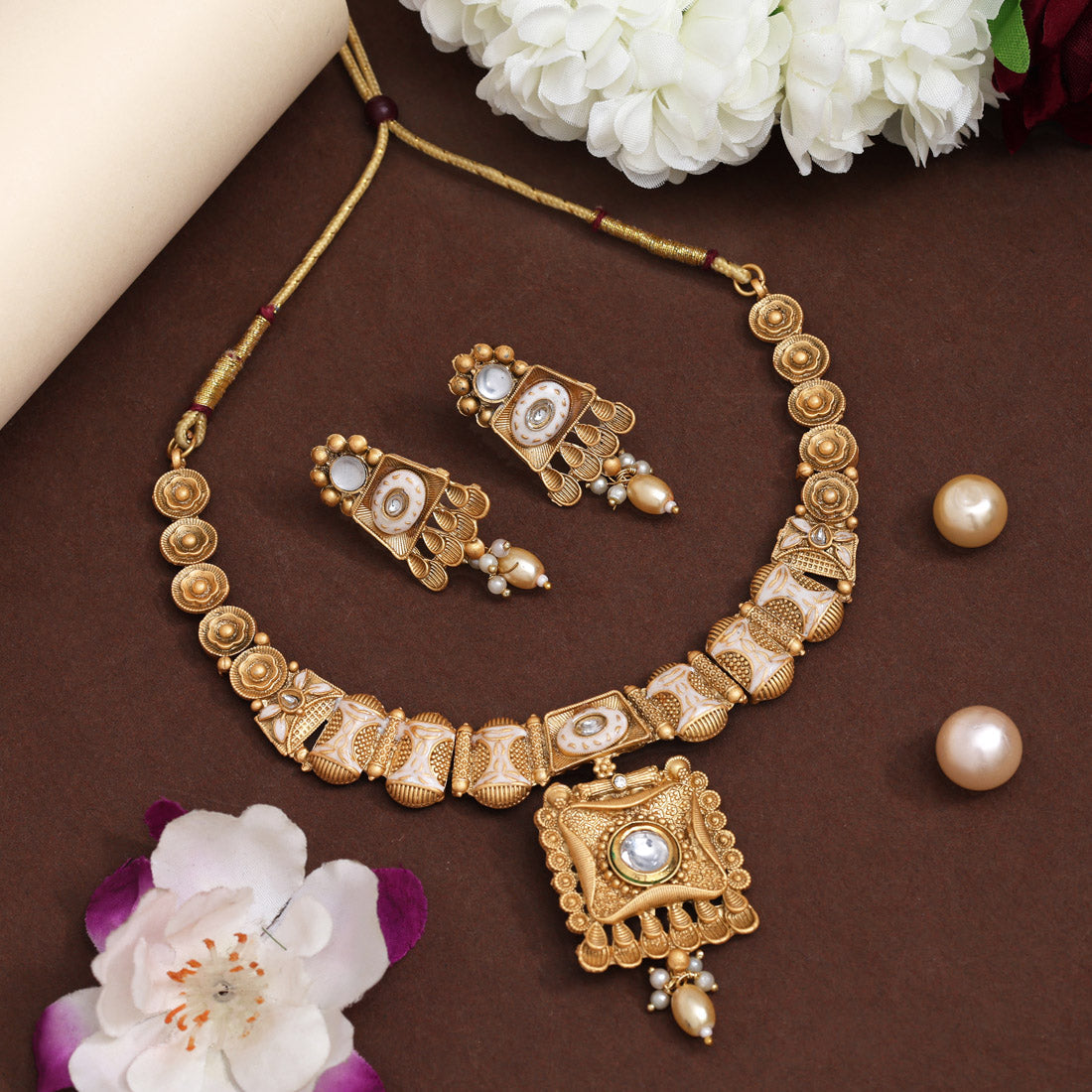 Gold Color Meena Work Matte Gold Rajwadi Temple Necklace Set (TPLN662GLD) Jewellery GetGlit