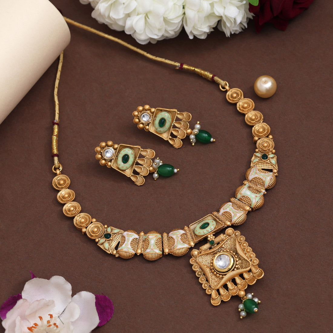 Green Color Meena Work Matte Gold Rajwadi Temple Necklace Set (TPLN662GRN) Jewellery GetGlit