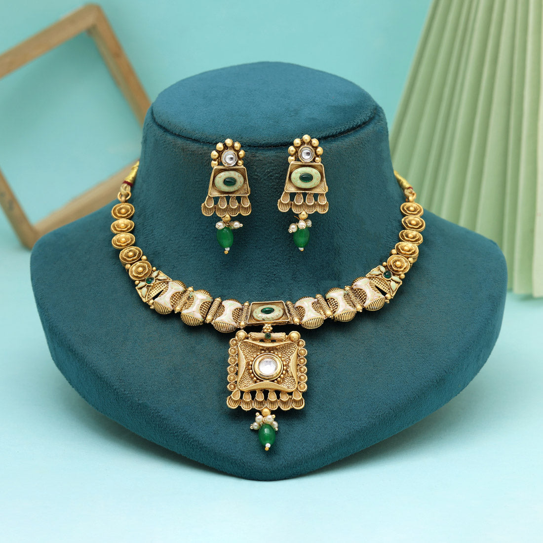 Green Color Meena Work Matte Gold Rajwadi Temple Necklace Set (TPLN662GRN) Jewellery GetGlit