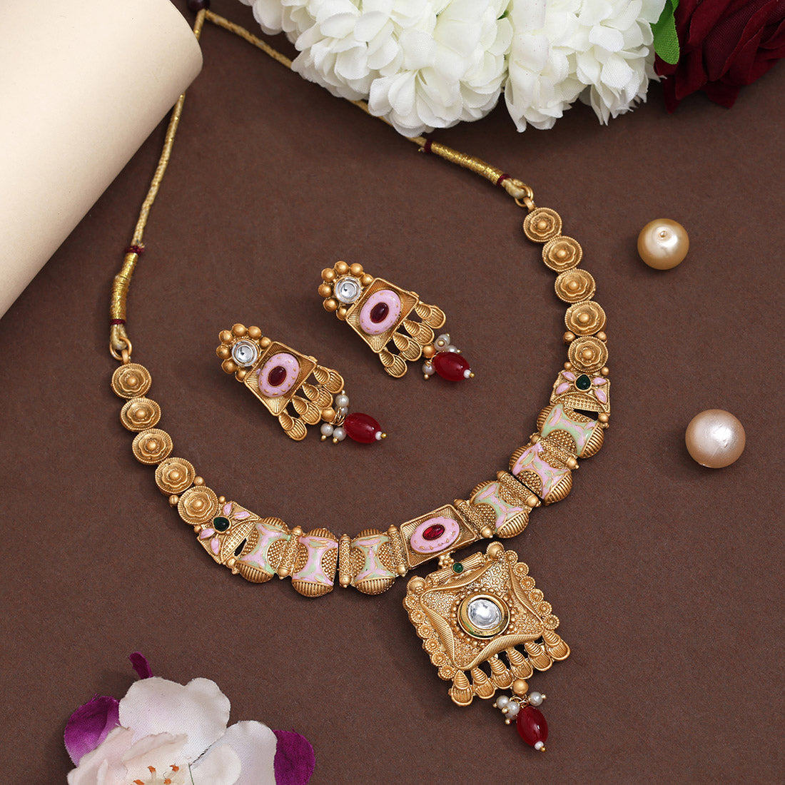 Multi Color Meena Work Matte Gold Rajwadi Temple Necklace Set (TPLN662MLT) Jewellery GetGlit