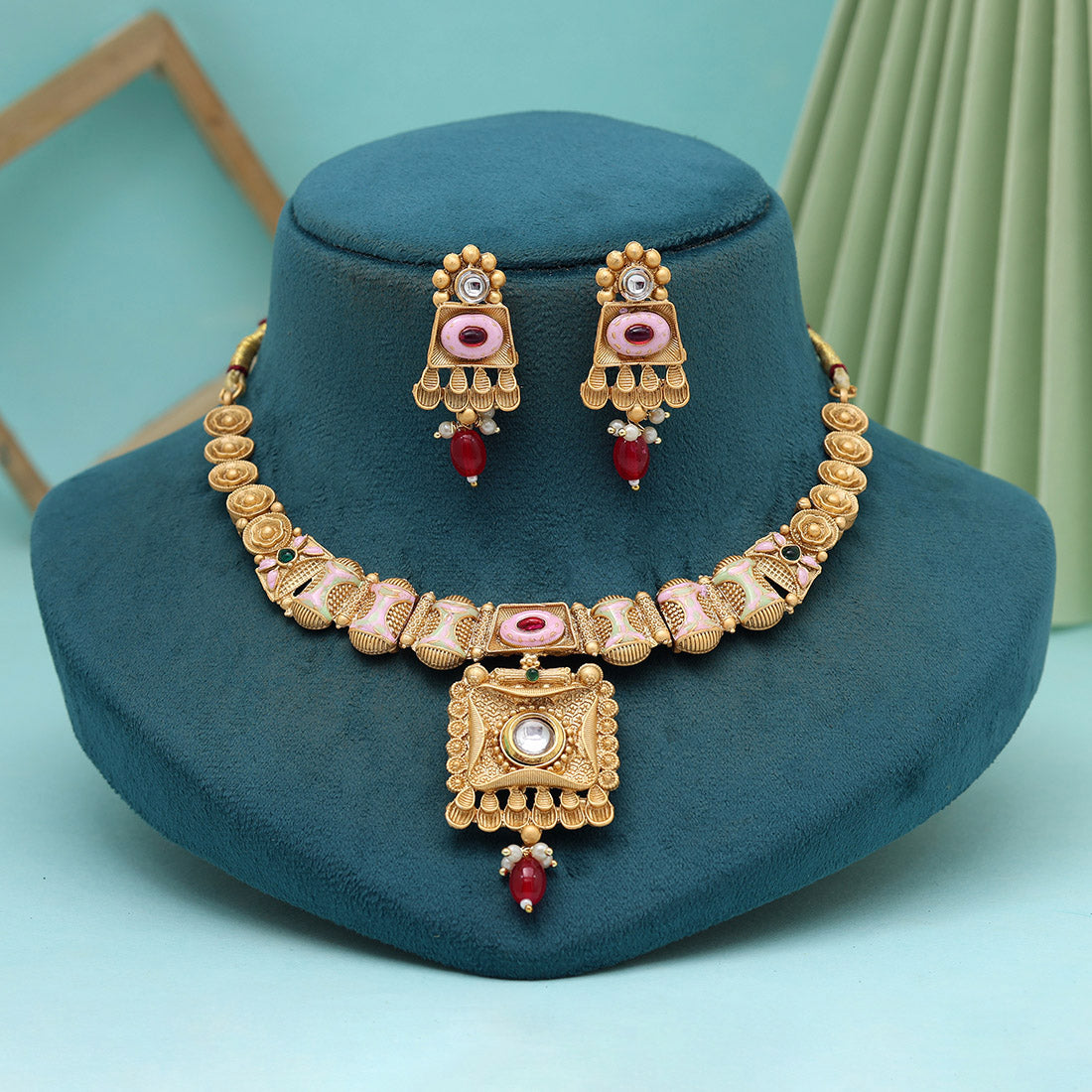 Multi Color Meena Work Matte Gold Rajwadi Temple Necklace Set (TPLN662MLT)