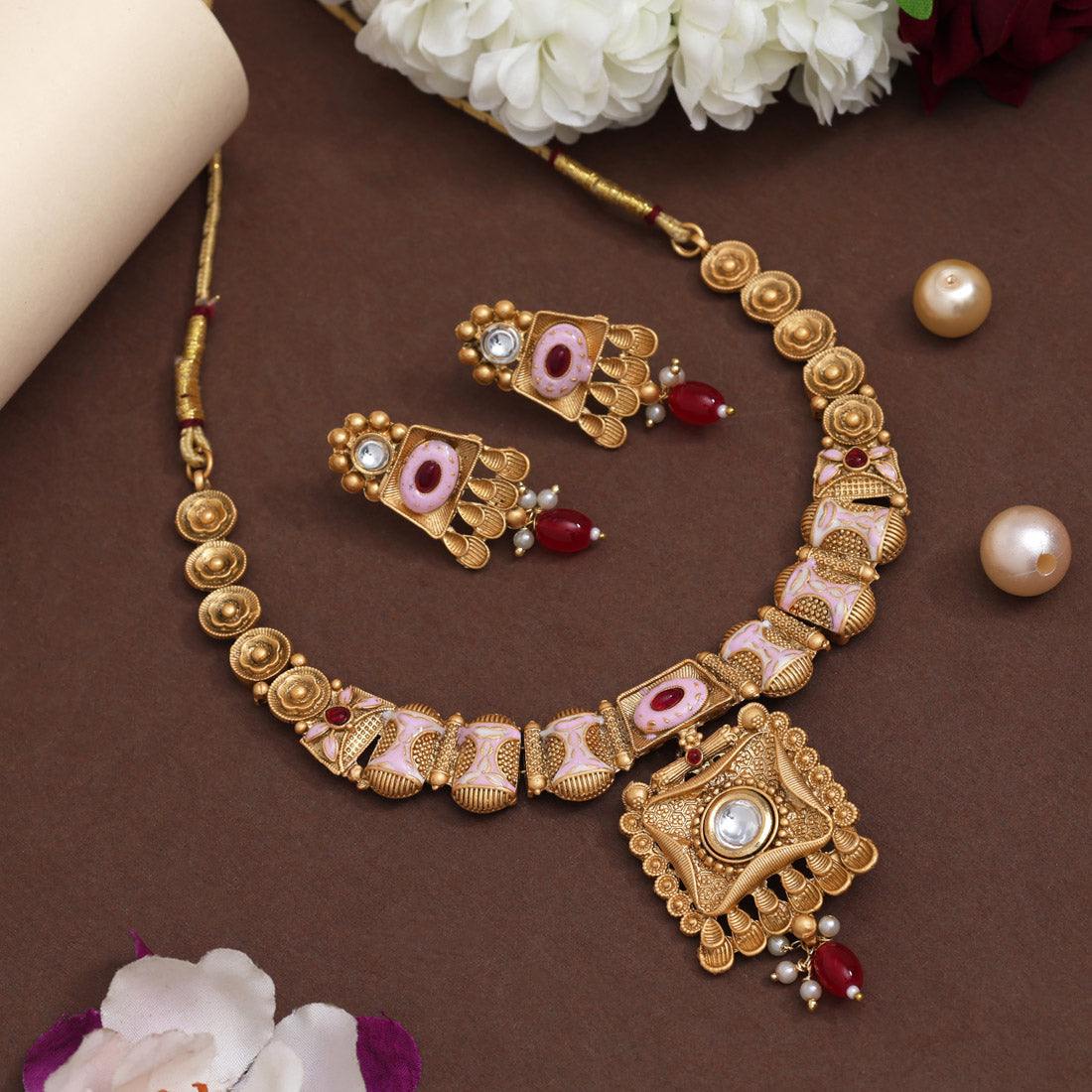 Red Color Meena Work Matte Gold Rajwadi Temple Necklace Set (TPLN662RED)