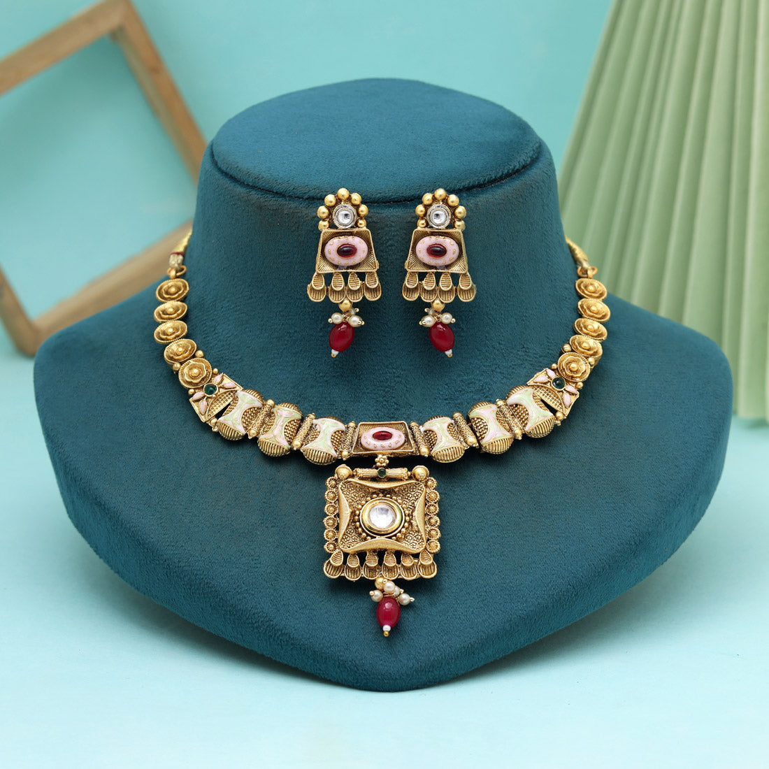 Red Color Meena Work Matte Gold Rajwadi Temple Necklace Set (TPLN662RED)