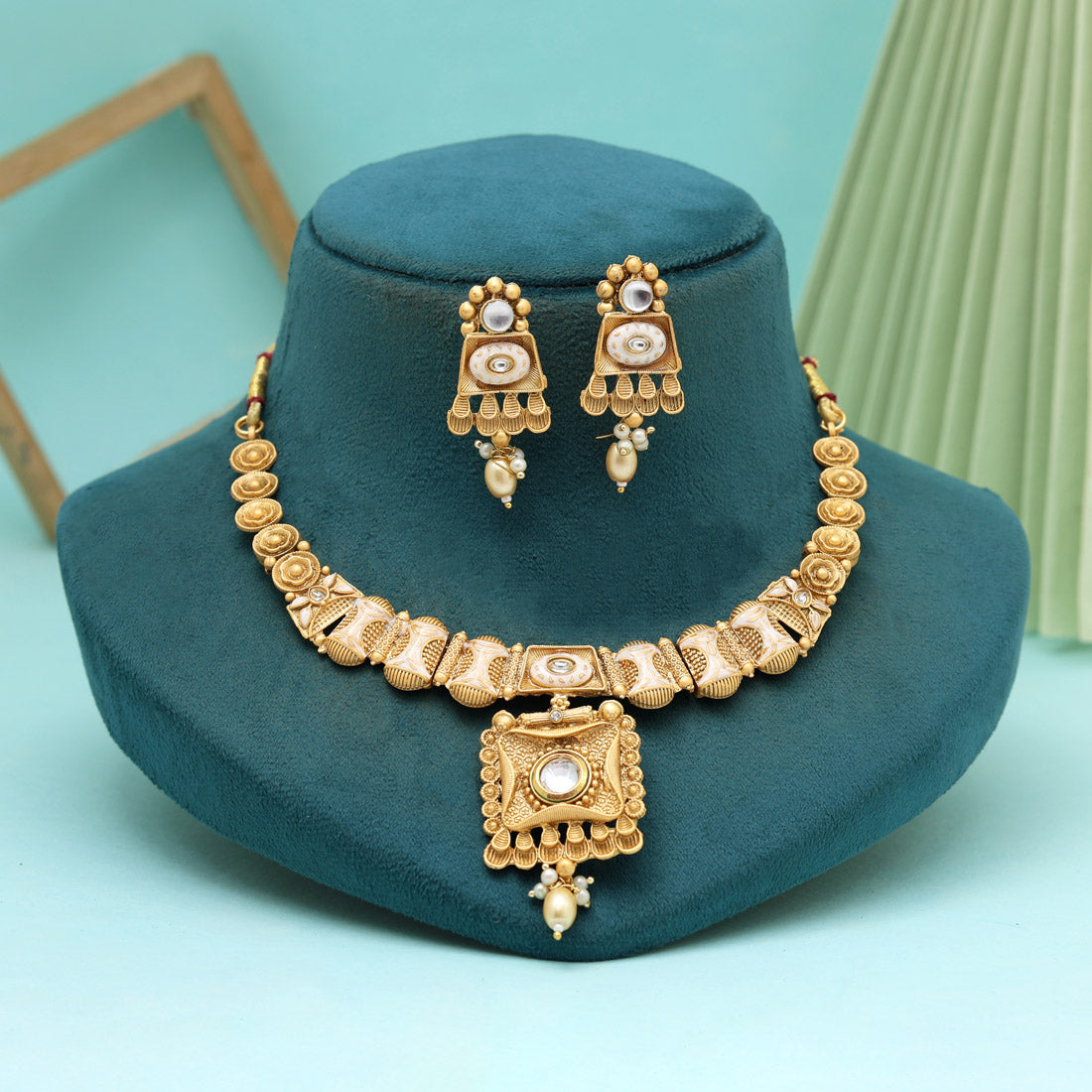 Gold Color Meena Work Matte Gold Rajwadi Temple Necklace Set (TPLN663GLD)