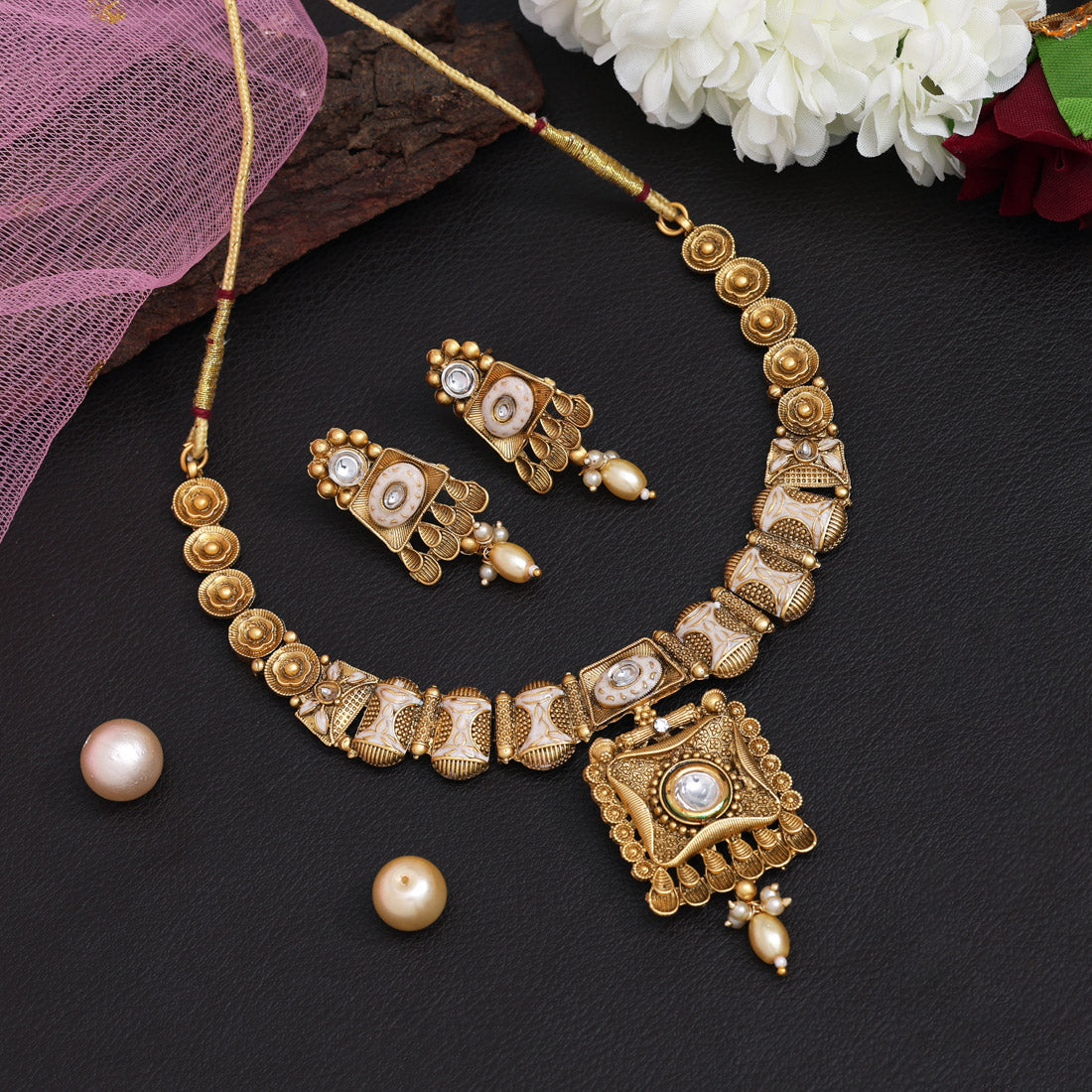 Gold Color Meena Work Matte Gold Rajwadi Temple Necklace Set (TPLN663GLD)