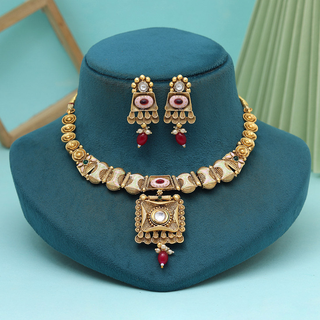 Multi Color Meena Work Matte Gold Rajwadi Temple Necklace Set (TPLN663MLT) Jewellery GetGlit