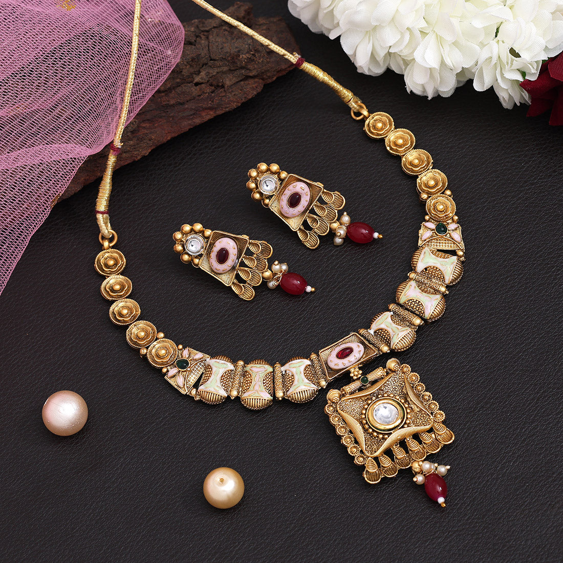 Multi Color Meena Work Matte Gold Rajwadi Temple Necklace Set (TPLN663MLT)