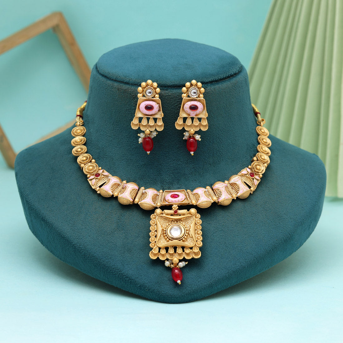 Rani Color Meena Work Matte Gold Rajwadi Temple Necklace Set (TPLN663RNI) Jewellery GetGlit