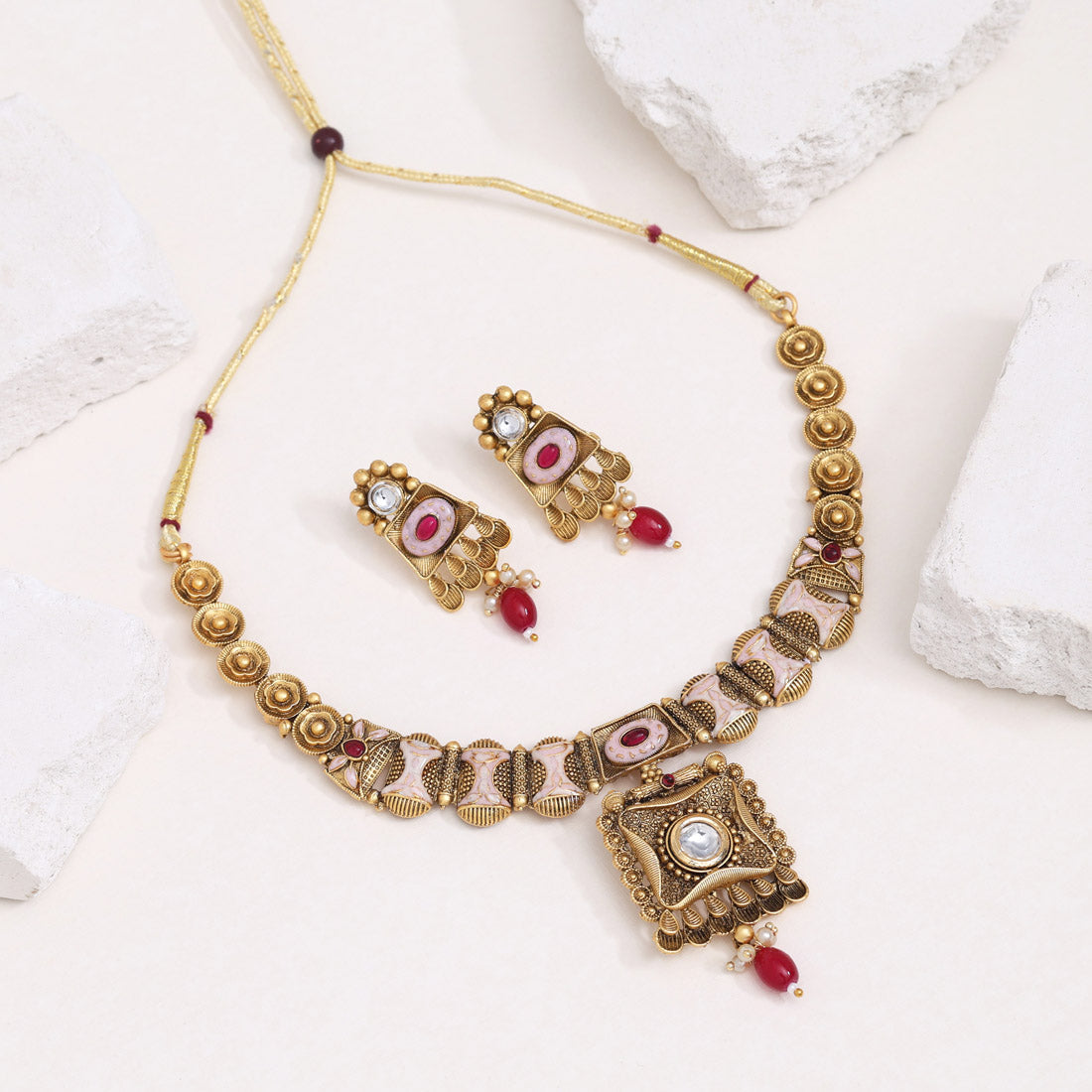 Rani Color Meena Work Matte Gold Rajwadi Temple Necklace Set (TPLN663RNI) Jewellery GetGlit