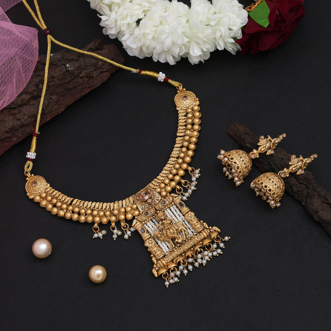 Gold Color Lord Krishna Matte Gold Rajwadi Temple Necklace Set (TPLN664GLD)