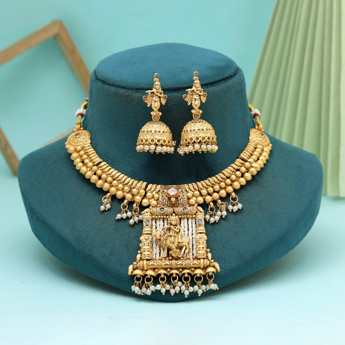 Gold Color Lord Krishna Matte Gold Rajwadi Temple Necklace Set (TPLN664GLD) Jewellery GetGlit