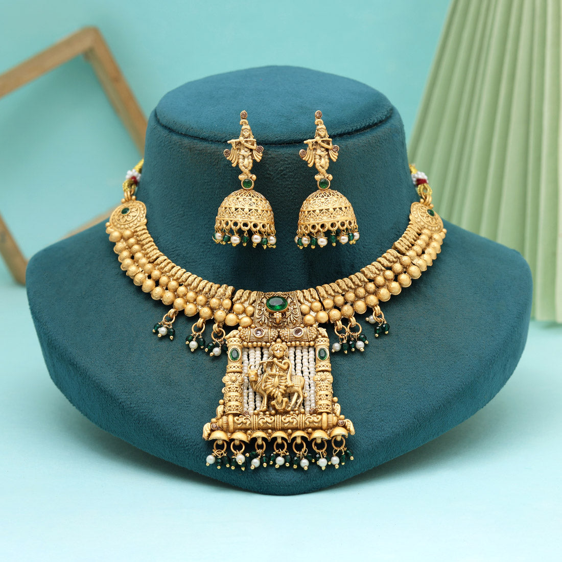 Green Color Lord Krishna Matte Gold Rajwadi Temple Necklace Set (TPLN664GRN)