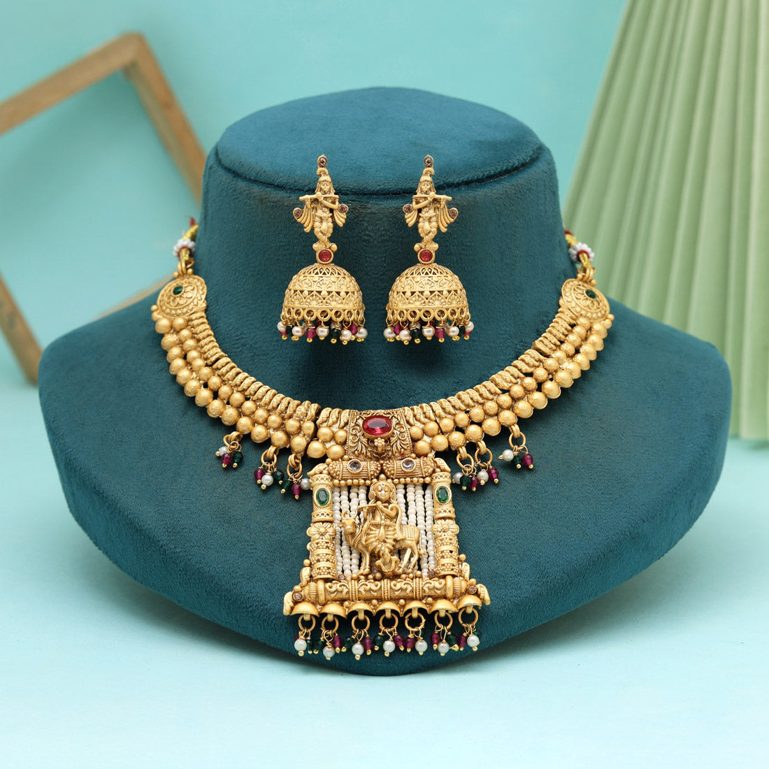 Rani & Green Color Lord Krishna Matte Gold Rajwadi Temple Necklace Set (TPLN664RNIGRN)