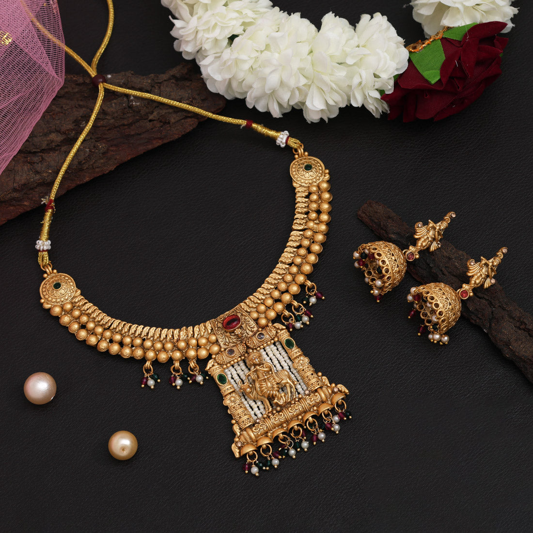 Rani & Green Color Lord Krishna Matte Gold Rajwadi Temple Necklace Set (TPLN664RNIGRN)