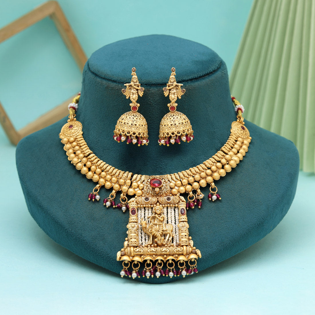 Rani Color Lord Krishna Matte Gold Rajwadi Temple Necklace Set (TPLN664RNI) Jewellery GetGlit