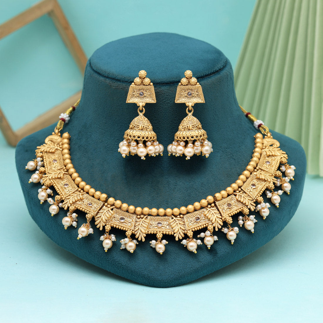 Gold Color Matte Gold Rajwadi Temple Necklace Set (TPLN665GLD) Jewellery GetGlit