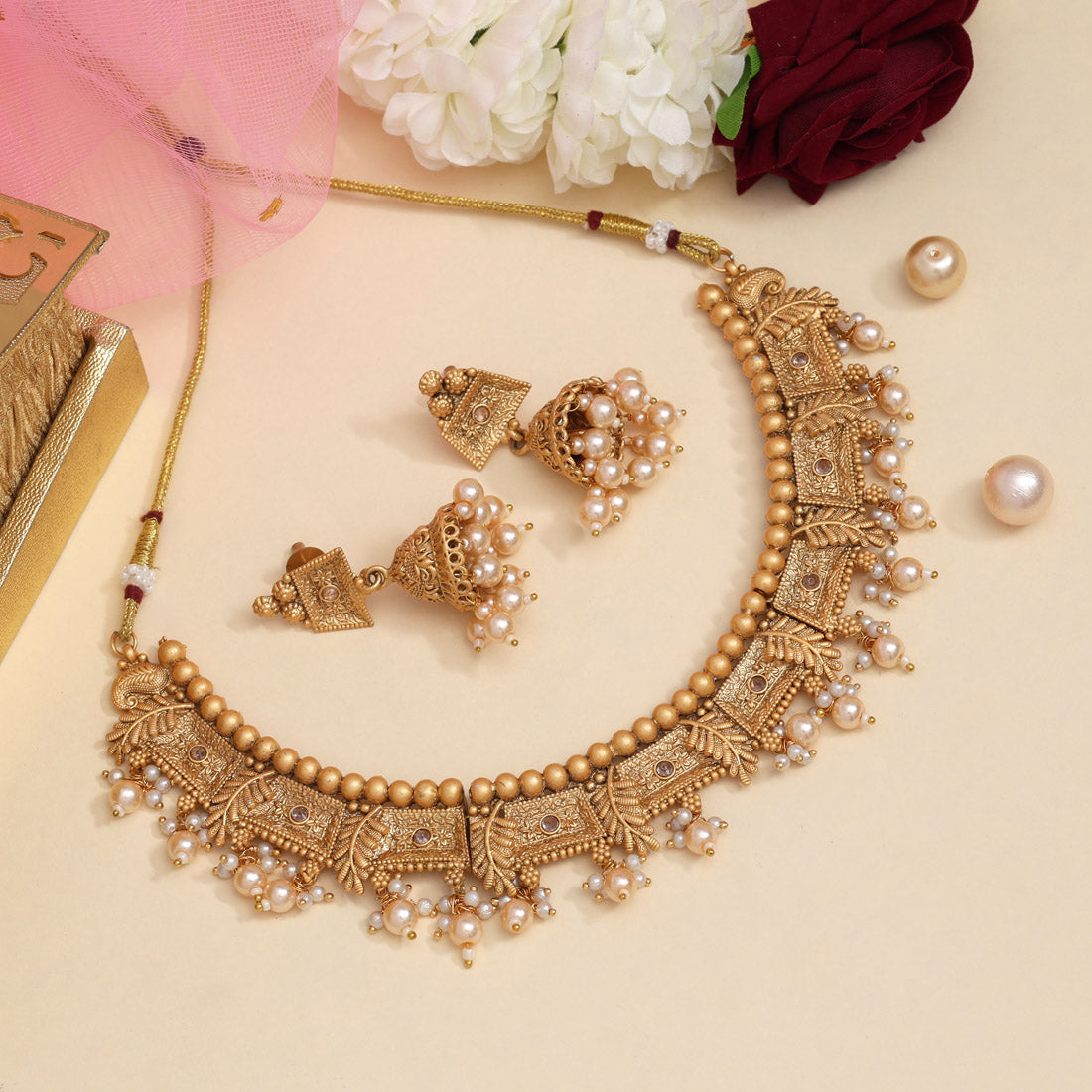 Gold Color Matte Gold Rajwadi Temple Necklace Set (TPLN665GLD) Jewellery GetGlit