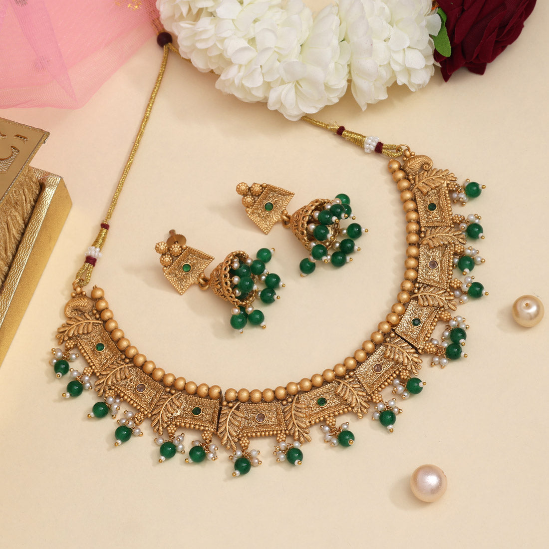 Green Color Matte Gold Rajwadi Temple Necklace Set (TPLN665GRN)