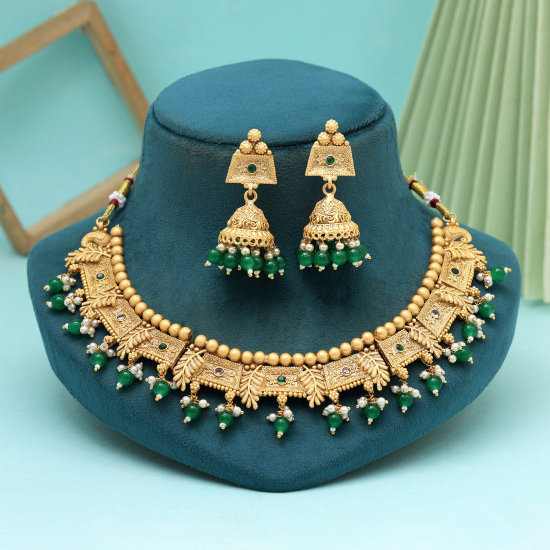 Green Color Matte Gold Rajwadi Temple Necklace Set (TPLN665GRN) Jewellery GetGlit