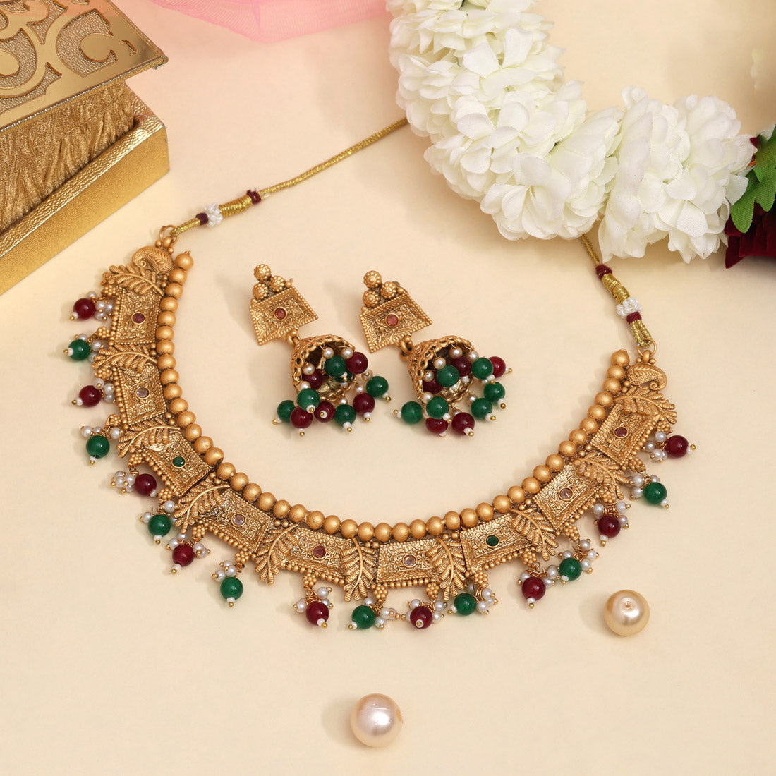 Maroon & Green Color Matte Gold Rajwadi Temple Necklace Set (TPLN665MG)