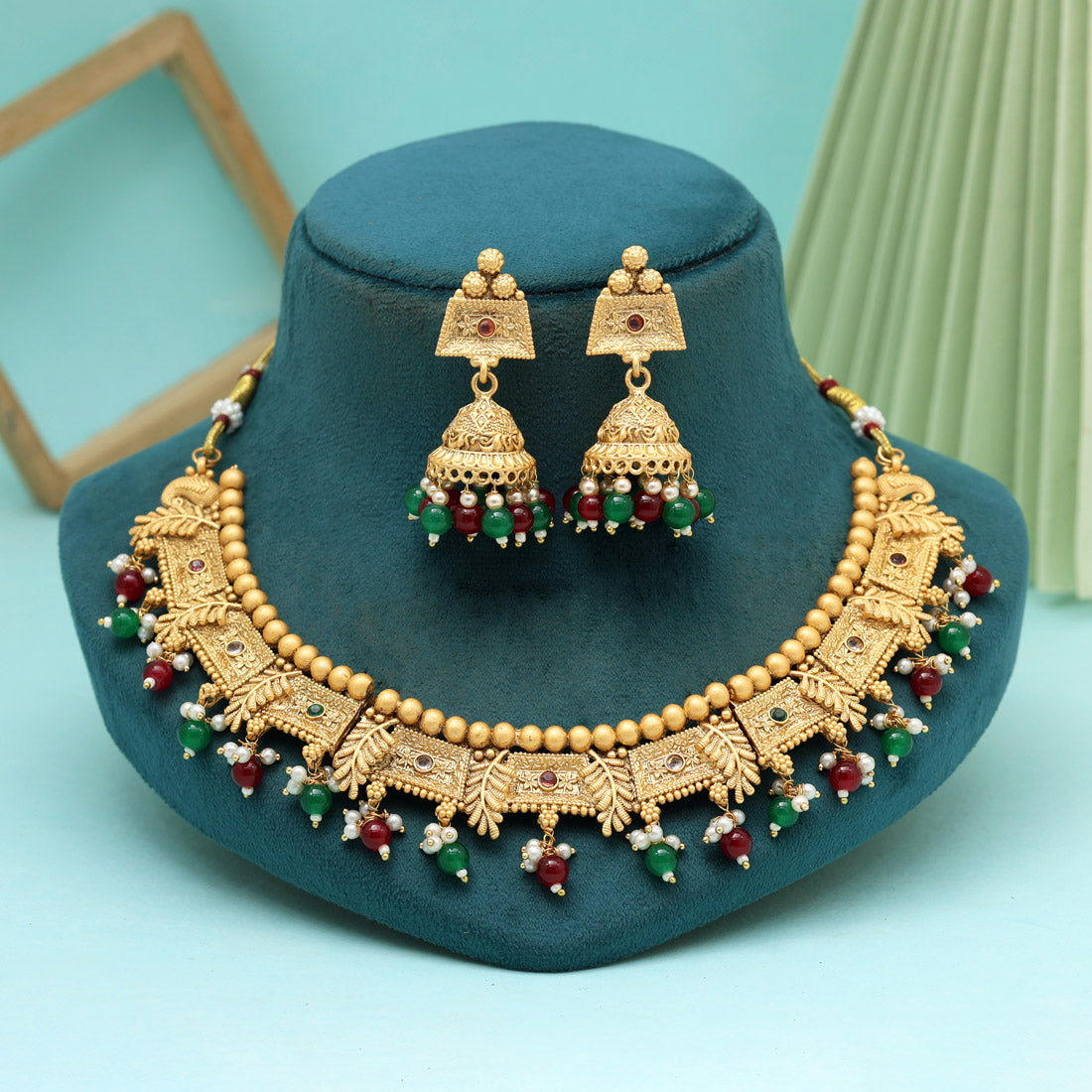 Maroon & Green Color Matte Gold Rajwadi Temple Necklace Set (TPLN665MG) Jewellery GetGlit