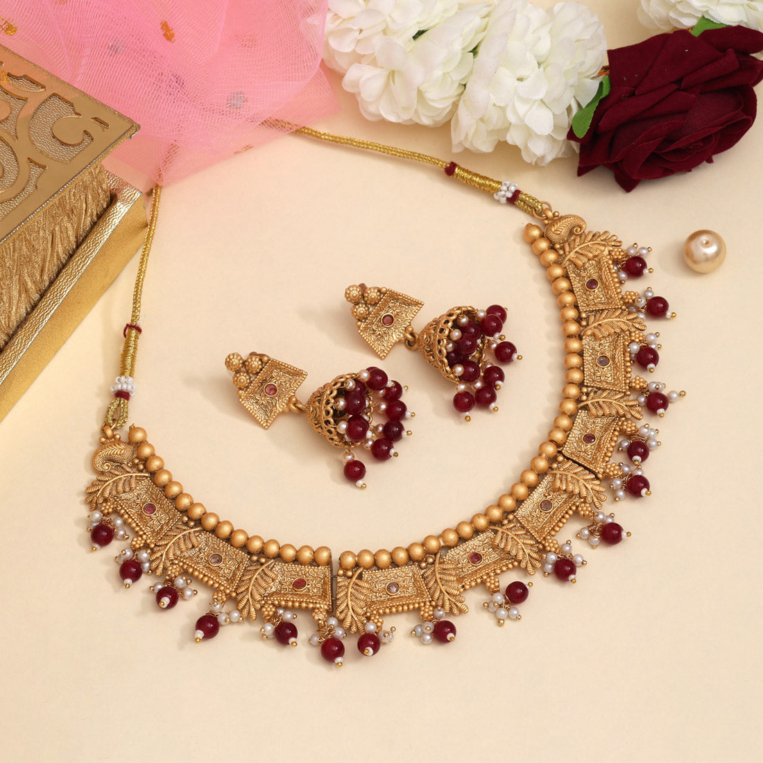 Maroon Color Matte Gold Rajwadi Temple Necklace Set (TPLN665MRN) Jewellery GetGlit