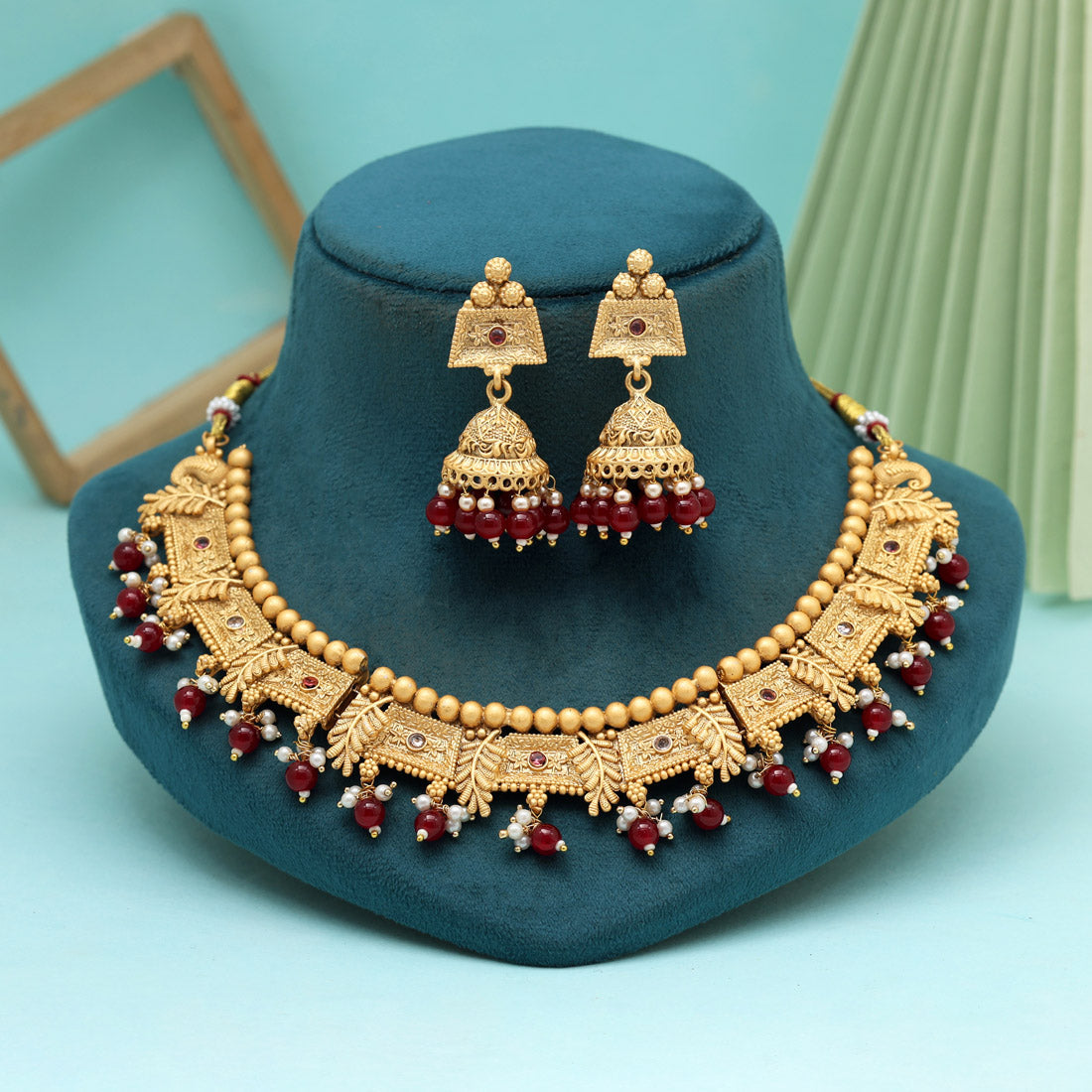 Maroon Color Matte Gold Rajwadi Temple Necklace Set (TPLN665MRN)