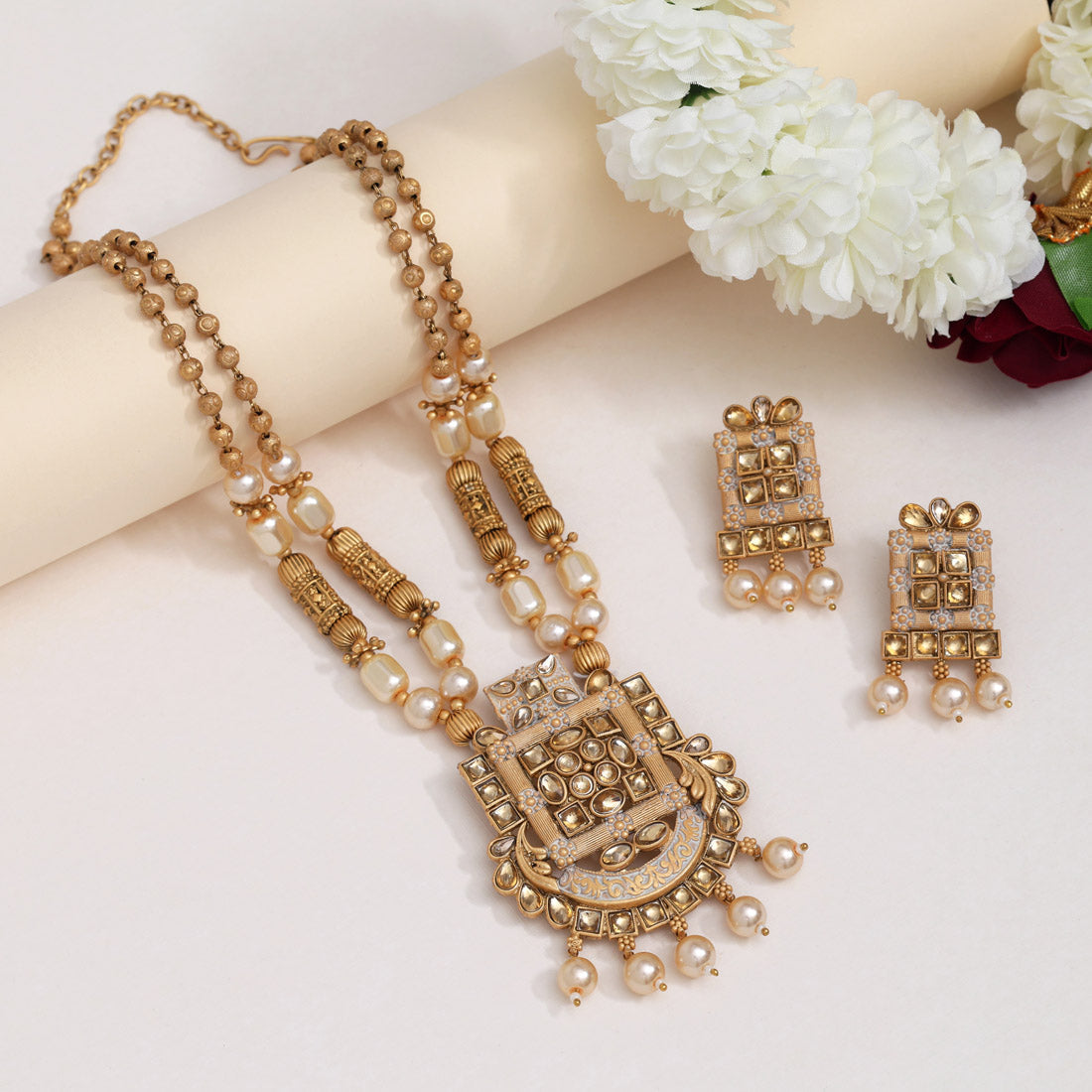 Gold Color Matte Gold Rajwadi Temple Necklace Set (TPLN666GLD)