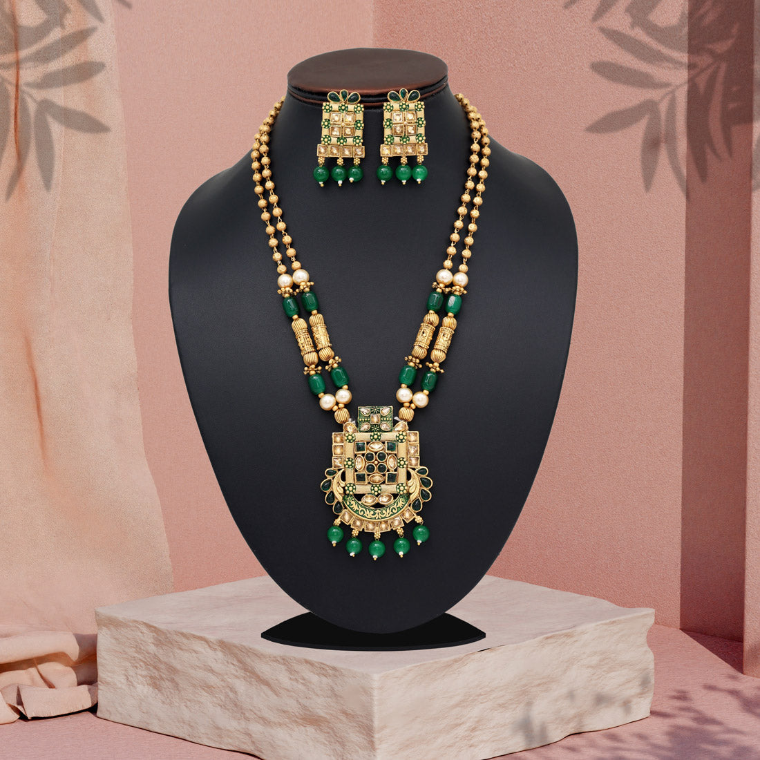 Green Color Matte Gold Rajwadi Temple Necklace Set (TPLN666GRN)