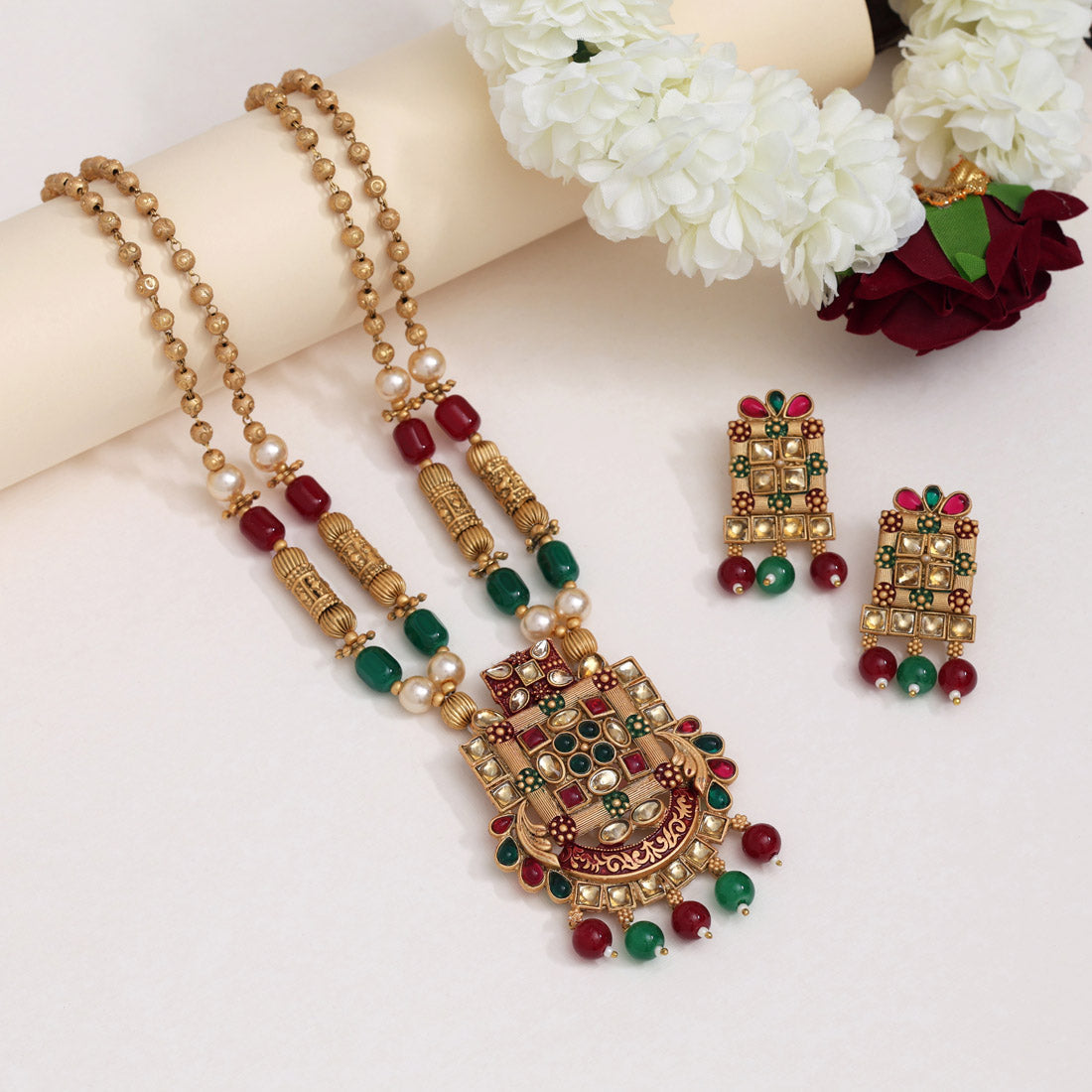 Maroon & Green Color Matte Gold Rajwadi Temple Necklace Set (TPLN666MG)